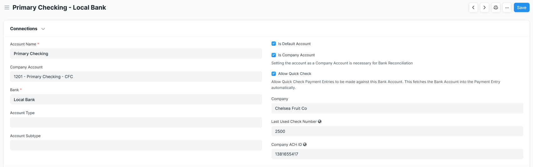 Screen shot showing Bank Account Settings