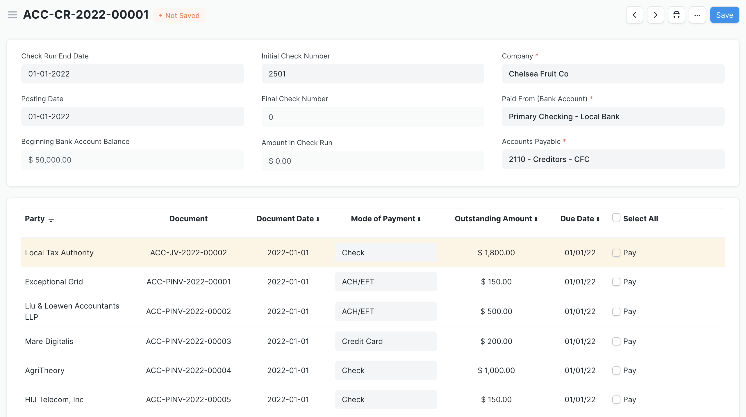 Check Run parameters and results. The user can edit the Check Run End Date, Posting Date, Initial Check Number, Company, Paid From (Bank Account), and Accounts Payable fields. The Beginning Bank Account Balance, Final Check Number, and Amount in Check Run are calculated. The table shows a list of outstanding payables, with columns for Party, Document, Document Date, Mode of Payment, Outstanding Amount, Due Date, and a check box to Pay.