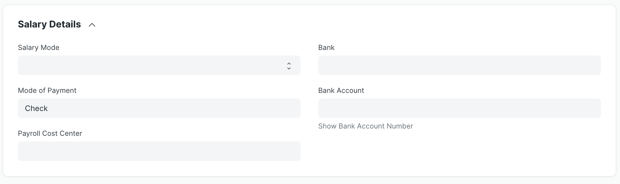 Employee doctype detail showing the expanded Salary Details section with new fields for Mode of Payment, Bank, and Bank Account.