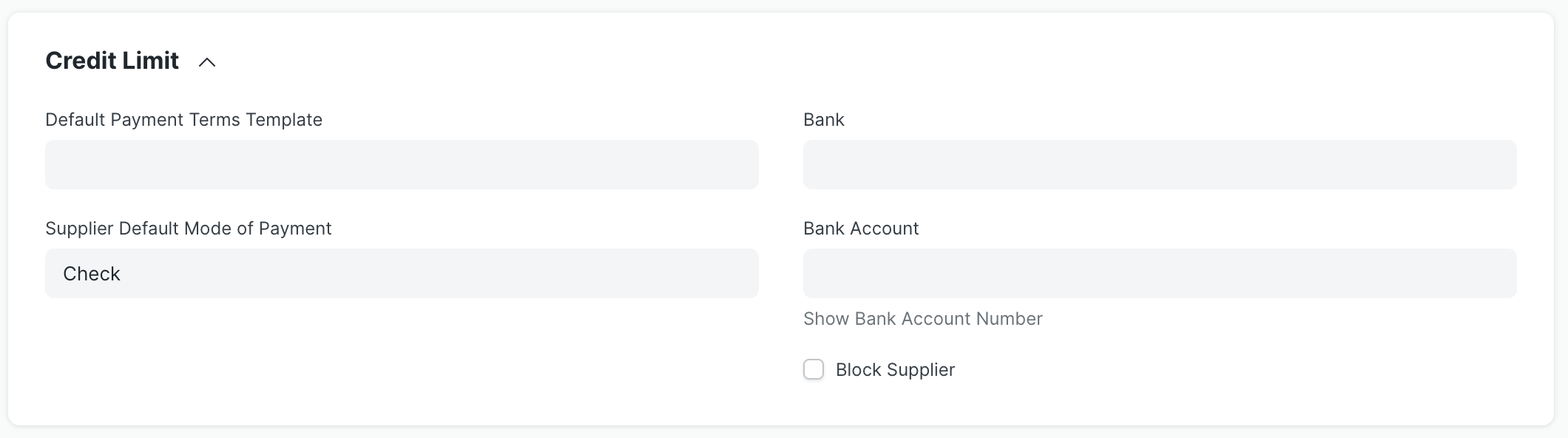 Supplier doctype detail showing the Credit Limit section expanded with new fields for Supplier Default Mode of Payment, Bank, and Bank Account.