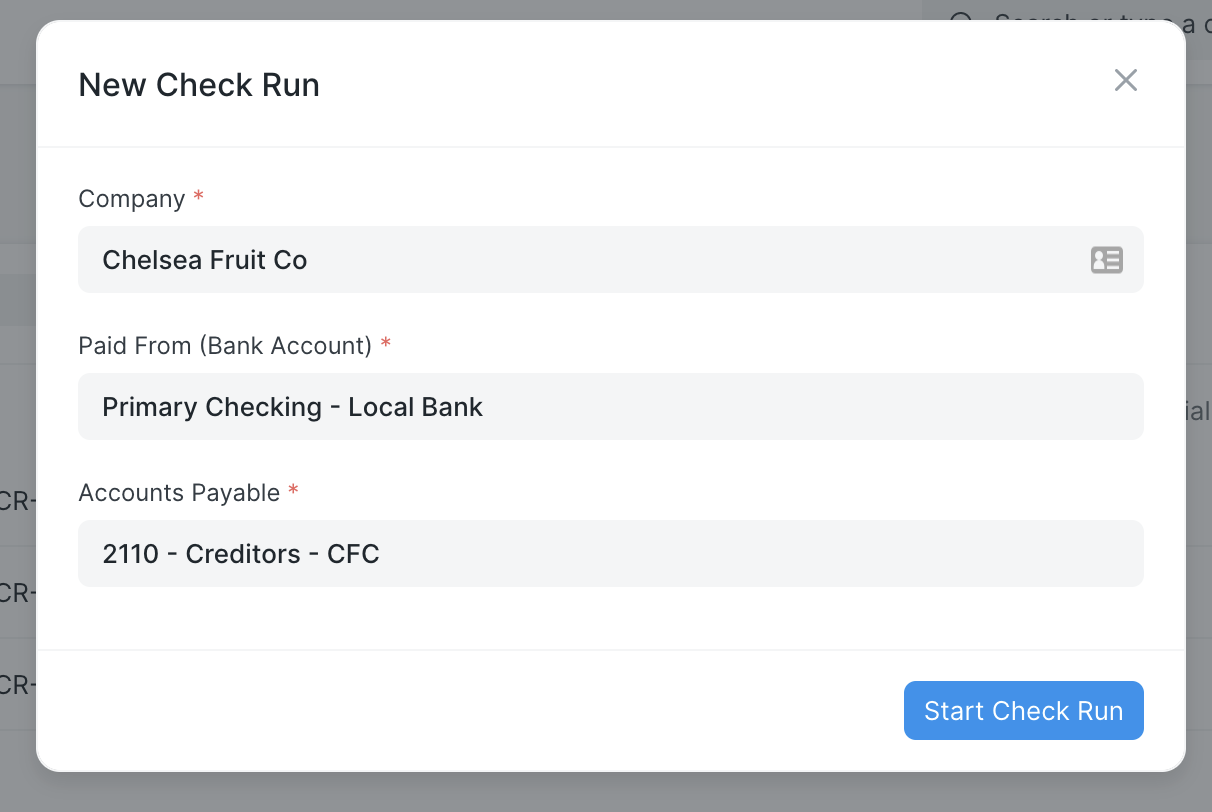New Check Run dialogue box showing the mandatory fields the user must fill in for Company, Paid From (Bank Account), and Accounts Payable.