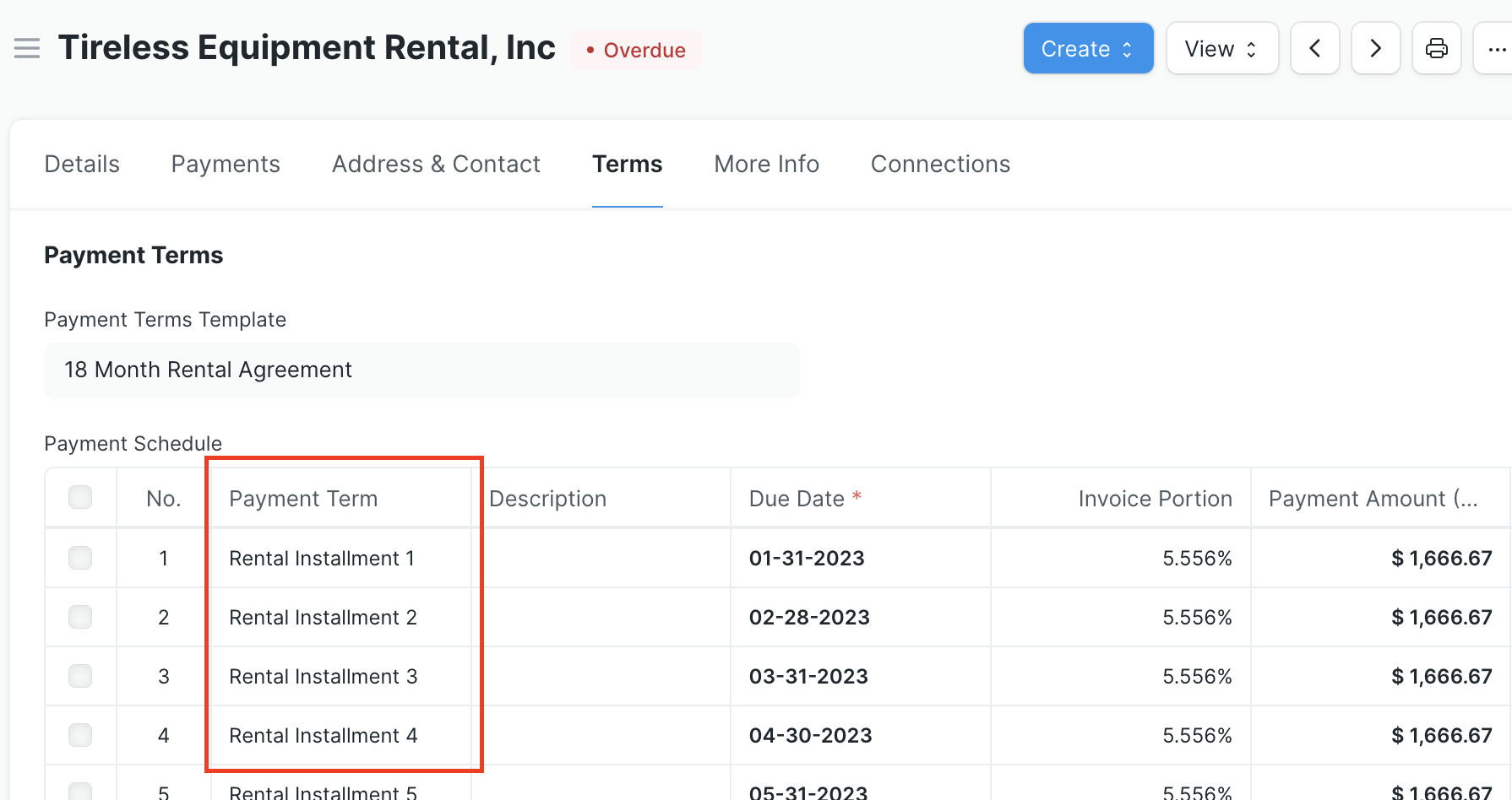 Screen shot of an example Payment Schedule defined in a purchase invoice. The Payment Term column of the table links to unique documents, name "Rental Installment 1", "Rental Installment 2", etc. for the different rows.