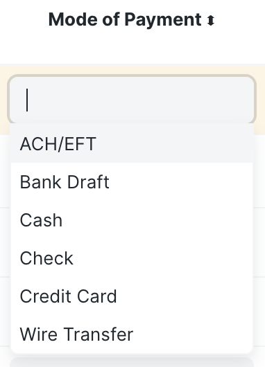 Detail view of the dropdown menu for the mode of payment. Options include ACH/EFT, Bank Draft, Cash, Check, Credit Card, and Wire Transfer. The options will depend on what Mode of Payment documents are defined in the ERPNext site.