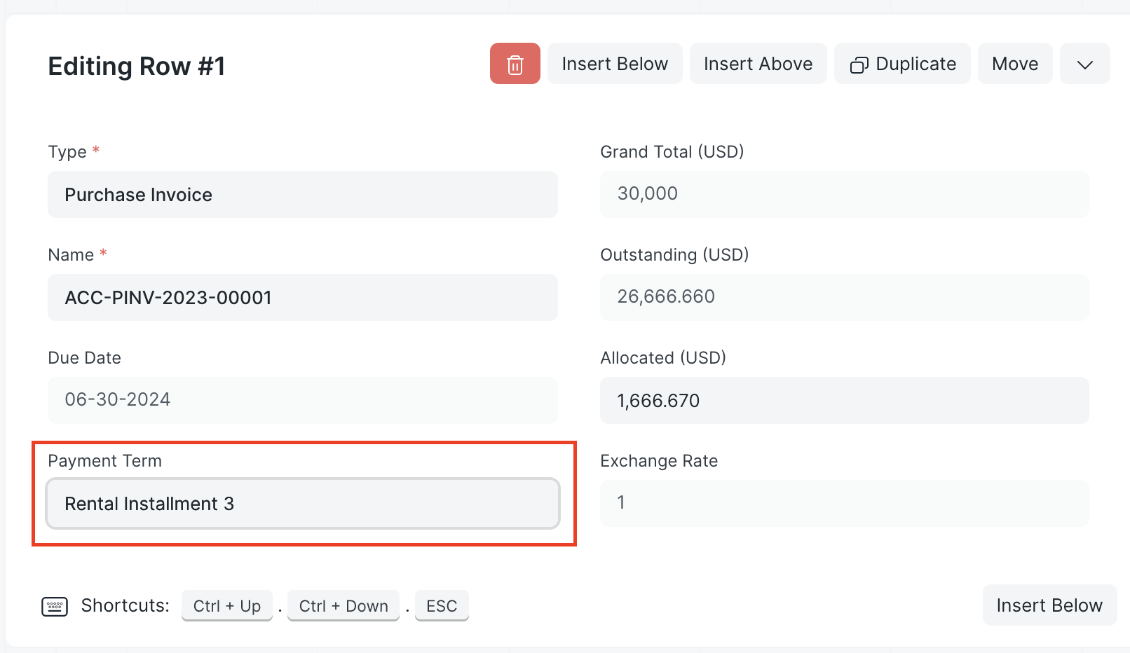 Screen shot of the form dialog when a row in the Payment References table is edited. The Payment Term field shows a value of "Rental Installment 3" to link the allocated amount of the payment to the appropriate term in the invoice's Payment Schedule.