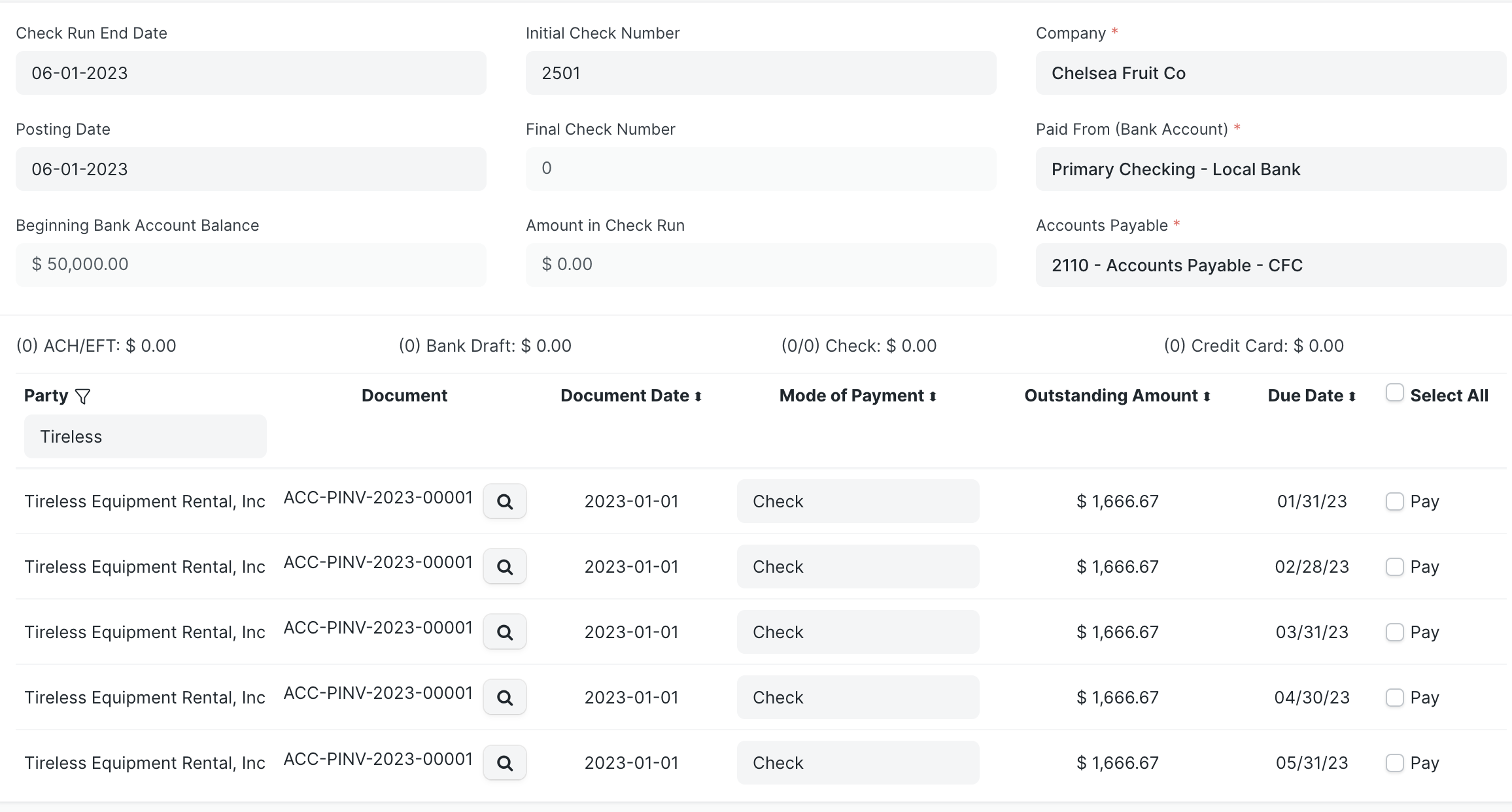 Screen shot of a Check Run's transactions for Tireless Equipment Rental, Inc from the beginning of the year through May. It shows separate transactions for each month for $1,666.67 each, which reflects the monthly payments due on the Payment Schedule.