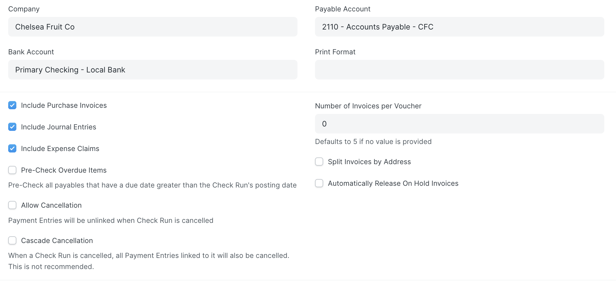 Screen shot showing the top portion of default settings for one Bank Account and Payable Account combination. A description of each setting and its default value is listed below.