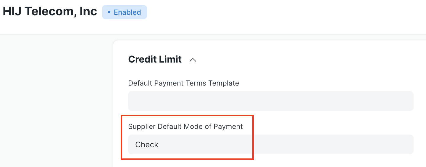 Screen shot of details from a supplier document for HIJ Telecom that shows the field for Supplier Default Mode of Payment filled in with "Check".