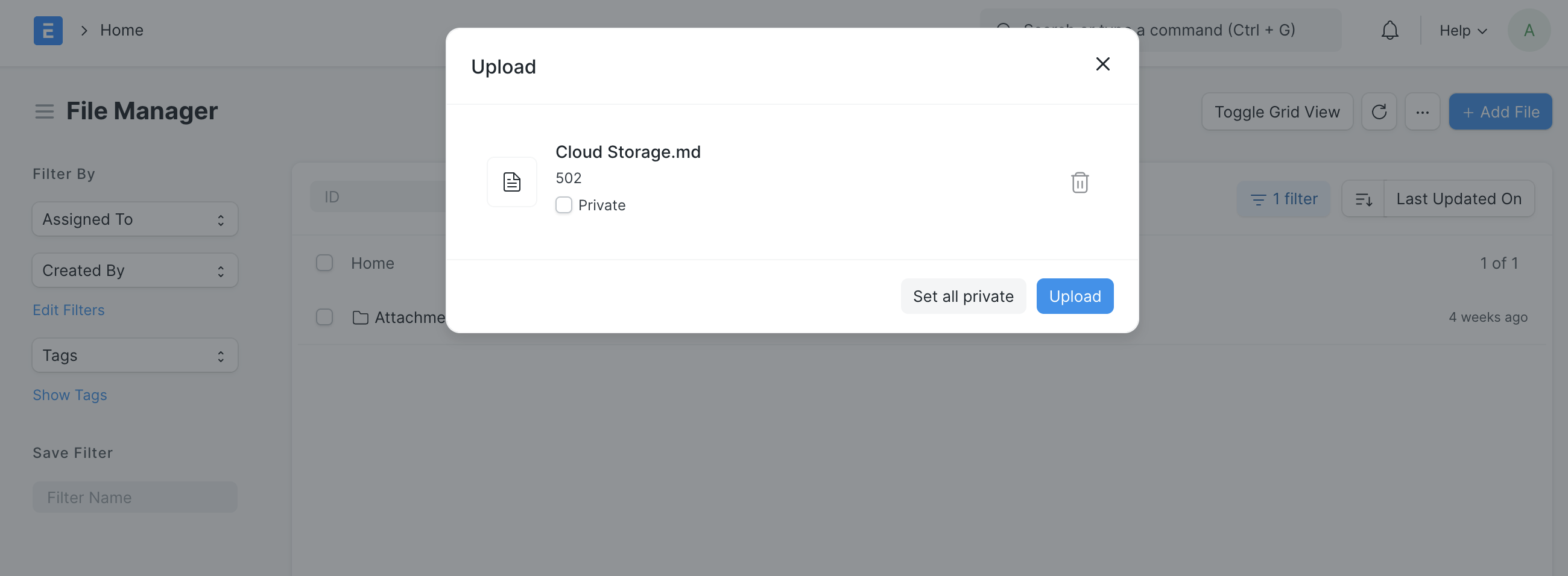 Upload file dialogue box showing a new, non-private file called "Cloud_Storage.md" being uploaded to the system.