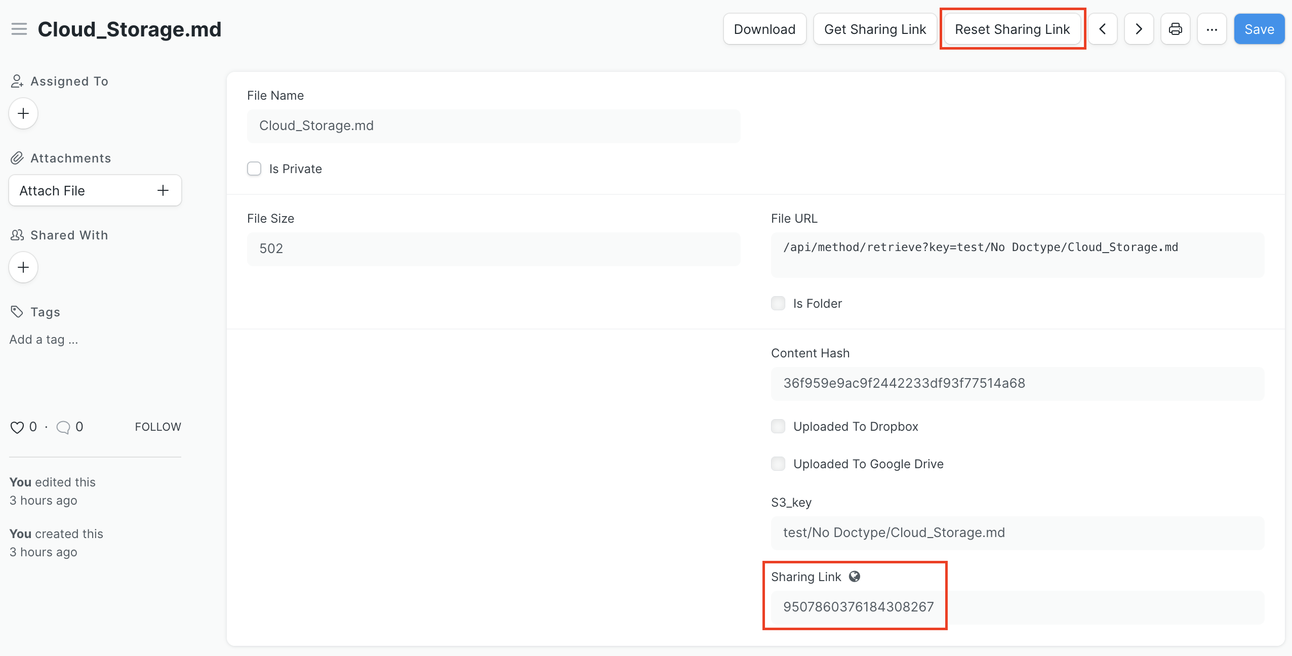 New document view for a file after a sharing link is generated. There's a "Reset Sharing Link" button and a "Sharing Link" field with the current link key.