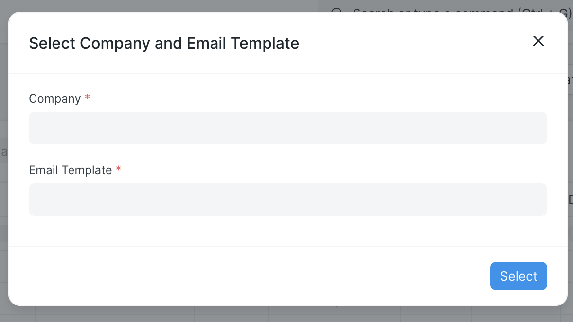 Screen shot of the dialog window to enter the Company and Email Template for the RFQs