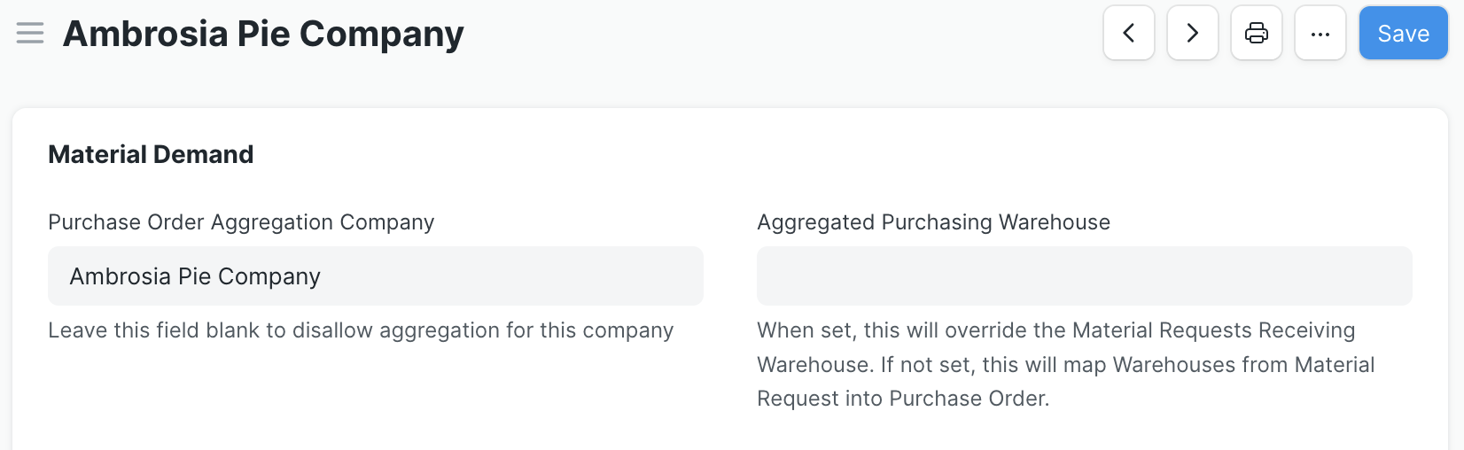 Screen shot of the two relevant fields (Purchase Order Aggregation Company and Aggregated Purchasing Warehouse) to configure the Material Demand report